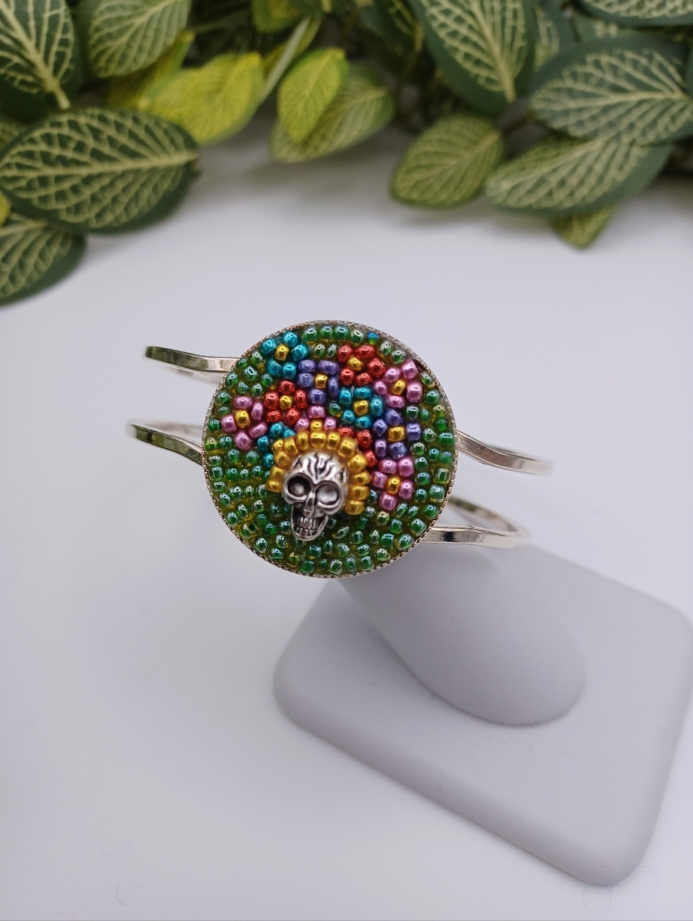 Bead Sugar Skull Mosaic Cuff Bracelet